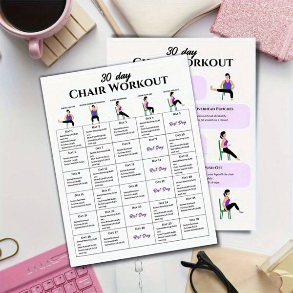 Set de 2 piezas/6 piezas Póster de ejercicios de silla de 30 días, guía de yoga de silla, guía de entrenamiento de Body completo, desafío de ejercicios de silla, rutina de entrenamiento de verano, estiramientos de silla, sin marco de 8x10 pulgadas, gimnasio