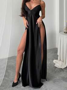 Women's Solid Color Elegant Backless Split Ruffle Hem Dress, Formal Wedding Party Evening Gown - Black - View 3