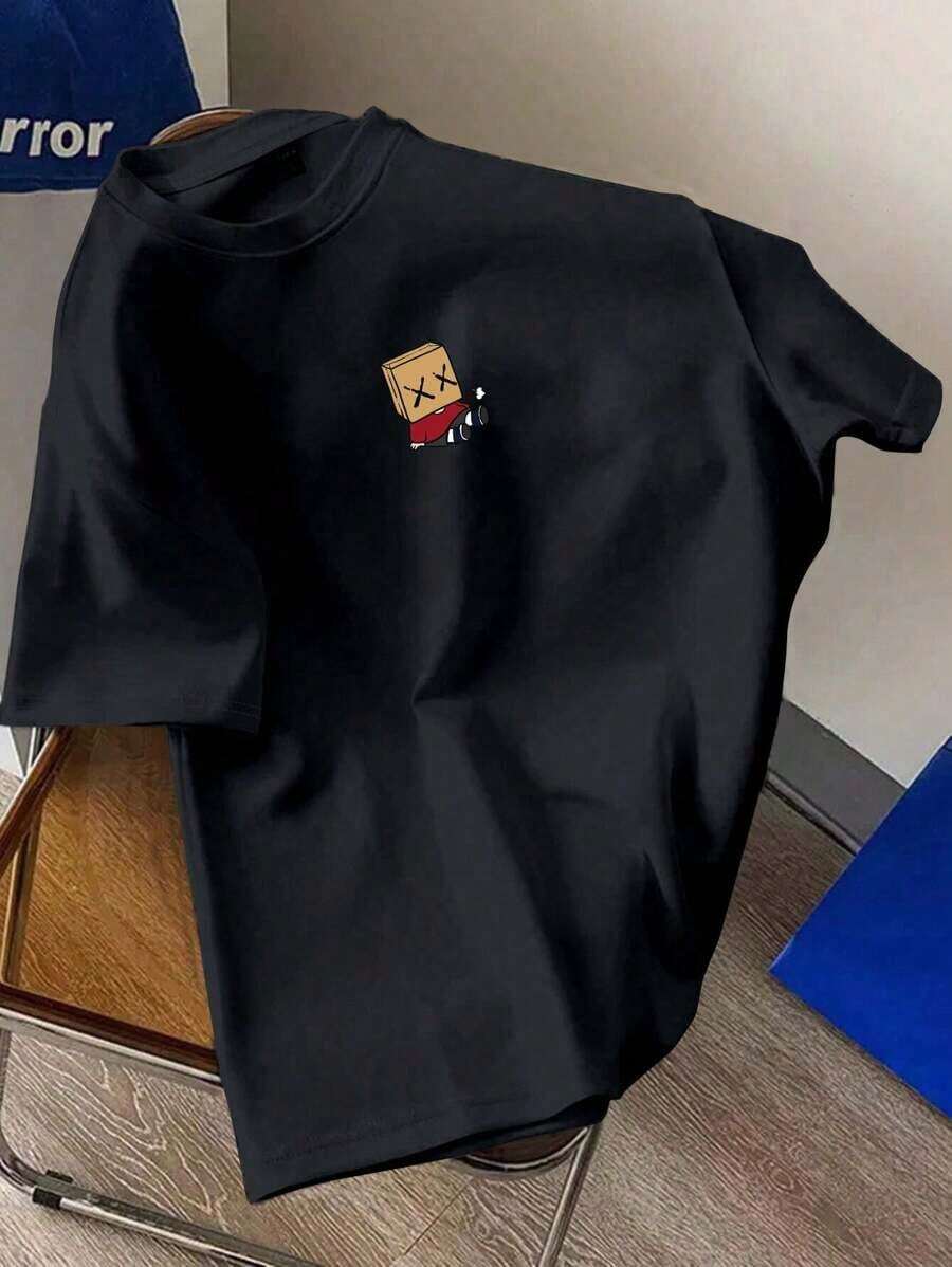 Camiseta de manga corta casual de verano para hombre con estampado de dibujos animados - Negro - Ver 1