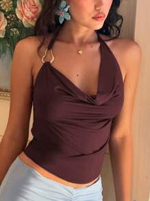 Maglietta donna sexy alla moda, con collo ad aletta, tinta unita, stile casuale, estivo, per strada, festa, vacanza, uscita notturna, crop top