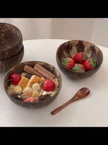 1pc Natural Coconut Bowl And Wooden Spoon Set, Healthy Vegetarian Salad Bowl, Milkshake Bowl, Naturally Beautiful And Heat-Resistant - Suitable For Rice, Soup, Noodles, Kitchen And Dining Utensils, Tableware Accessories, Handmade Coconut Shell Bowl With Wooden Spoon Set, Cork Material, Very Suitable For Salad, Fruits And Grains, Coconut Bowl