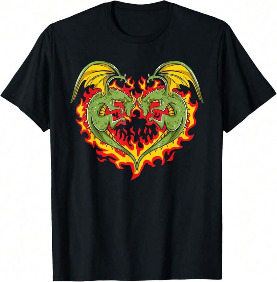 Heart Dragon Lovers Men Women Boys Girls Cute Fantasy Art T-Shirt Gift For Myself Anniversary Gift For Wife - Black - View 1