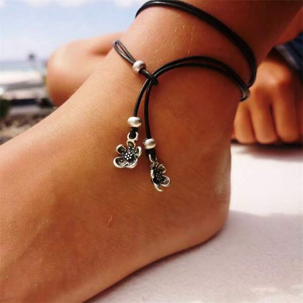 1 pieza Tobillera ajustable casual con cuerda negra, cuentas plateadas, flores, estrellas y luna como decoración, adecuada para uso en vacaciones en la playa de mujeres