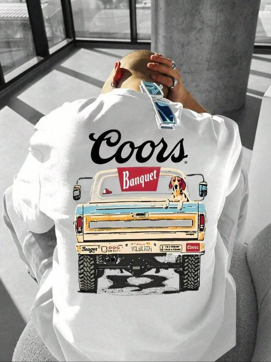 Men's Coors Banquet Graphic Print Short Sleeve Tee, Regular Fit Casual Comfy Round Neck T-Shirt For Summer, Fashion Men's Top For Daily Wear - White - View 1