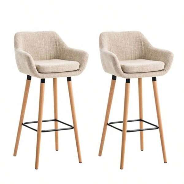 Set di 2 sgabelli da bar, con schienale e poggiapiedi, sedia alta e imbottita, superficie in lino, altezza seduta 64 cm, gambe in legno massello, in tessuto trapuntato, elegante