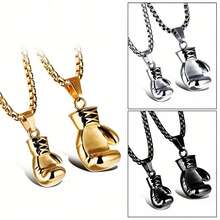 2025 New Men's Retro Boxing Gloves Pendant Necklace - 304 Stainless Steel, Titanium Color Treatment, Fashion Punk Style - Black - View 2