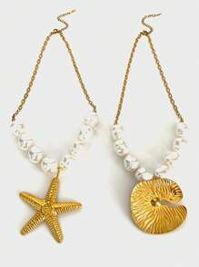 Colar com pingente de estrela do mar e folha de lótus, exclusivo, assimétrico, de aço inoxidável, inspirado no Barroco, para mulheres