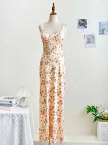 A Summer Bandage Dress,Sexy Low-Cut U-Neck, Floral Print,Fishtail Hem,Romantic Vacation,Party Dress TopS