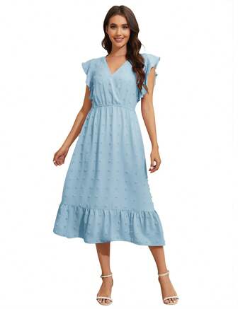 Women's Summer V Neck Dress Ruffle Sleeve Maxi Dress