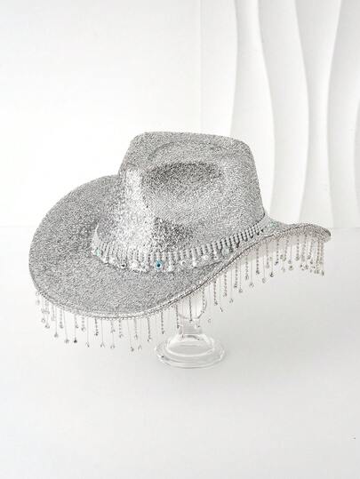 1pc Unisex Metallic Shine Solid Color Cowboy/Cowgirl Hat With Colorful Gems Studded Belt, Bling Tassel Accent, Suitable For Birthday Party, Western Theme Event, Gathering, Cosplay, Graduation, Masquerade, Festival, Wedding, Birthday Celebration, Music Festival, Coming Of Age Ceremony