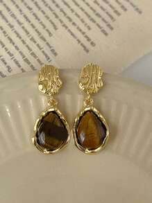 2pcs Maillard Tigereye Teardrop Clip On Earrings, Geometric Earrings No Piercing Required, Lightweight Luxury