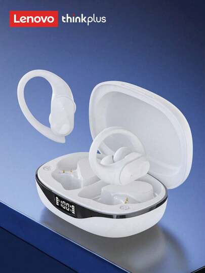 Lenovo Auriculares Bluetooth LP75, diseño de gancho para la oreja con pantalla, súper larga duración de batería de 5.3H, calidad de sonido HIFI, baja latencia, adecuado para música, juegos, correr, resistente al agua, auriculares inalámbricos con micrófono