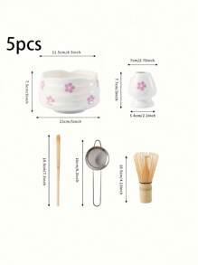 1pc/2pcs/4pcs/5pcs Cherry Blossom & Matcha Bowls Set, Japanese Tea Set Includes Matcha Bowl With Spout, Bamboo Matcha Whisk, Matcha Scoop, Whisk Stand, Stainless Steel Sieve, 5-Piece Perfect Matcha Set Back To School