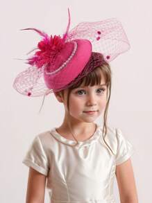 1pc Kids' Tulle Pearl Flower Fascinator Hat, Suitable For Girls' Daily Outfit, Photo Shoot