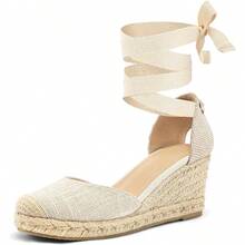 SUNCOM Women's Espadrille Platform Wedge Sandals Closed Toe Ankle Strap Lace Up Summer Shoes - Beige - View 3