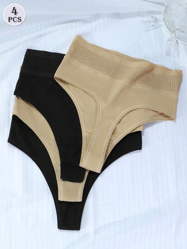 4pcs/Set Women's High Waist Pure Cotton Breathable Tummy Control Thong Panties