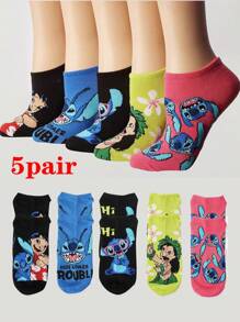Disney Disney Fun Cartoon Prints, Soft Material, Ideal For Disney Fans, Perfect For Casual And Daily Wear Printed Combination Socks Set Stitch Boat Socks Floor Socks 5pairs