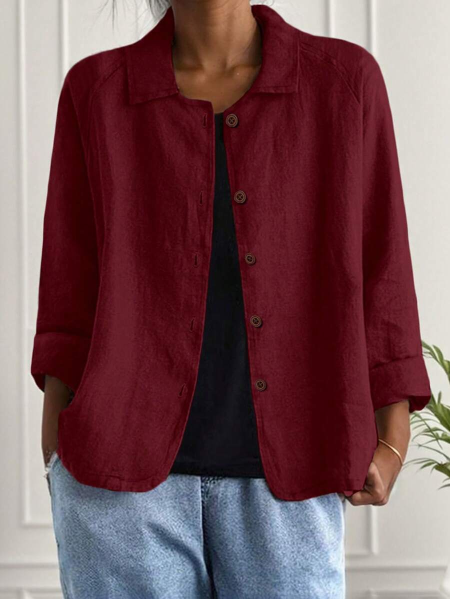 Women's Casual Solid Color Thin Insert Sleeve Single Breasted Thin Jacket Spring - Burgundy - View 1