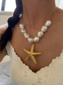 Colar com pingente de estrela do mar e folha de lótus, exclusivo, assimétrico, de aço inoxidável, inspirado no Barroco, para mulheres