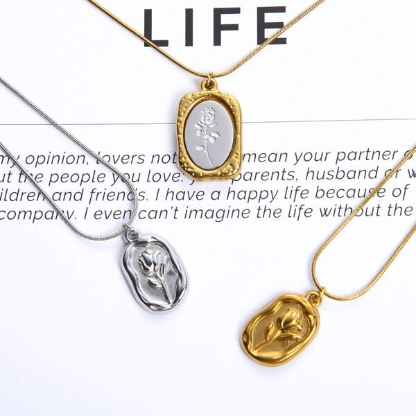 1pc Elegant Rose & Tulip Pendant Necklace - Vintage Style Stainless Steel Women Fashion Jewelry, Suitable For Casual Or Party Wear