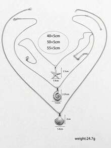 3pcs Set Fashionable Ocean Style Stainless Steel Necklace Set With Starfish/Shell/Conch Pendants, Can Be Used As Gifts - Silver - View 11