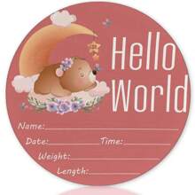 1 pieza Cartel de madera de anuncio de nacimiento con oso y conejo de doble cara tomados de la mano para bebé recién nacido, "Hola mundo" Tablero de registro de madera natural para baby shower familiar, regalo de Pascua para niñas/niños