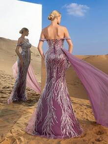 Faeriesty Váy dạ hội trễ vai thanh lịch dành cho nữ với chi tiết thắt nơ ở lưng, dây thắt lưng bằng vải tuyn mềm mại và dáng đuôi cá - Hoàn hảo cho các buổi dạ tiệc thảm đỏ, tiệc tối trang trọng, tiệc cưới, tiệc chiêu đãi trang trọng và lễ kỷ niệm xa hoa - Màu tím hoa cà - Xem 2