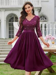 MIUSOL Elegant V-Neck Sequin Floral Lace Ruched Chiffon 3/4 Sleeve Evening Party Long Dress