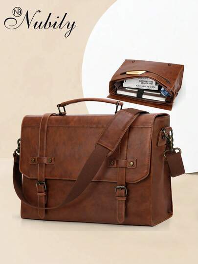 RAINSMORE Vintage Leather Messenger Bag – 17 Inch Waterproof Laptop Briefcase For Men, Large Satchel Shoulder Bag For Office, Business, Travel & College