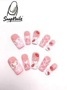 10-Piece 2.5cm Handmade Square Press On Nails Pink White French Style With Hand Drawn Bowknots, Lines, Heart, Lips, And Faux Pearl Accents Elegant And Versatile, Reusable For Daily Or Casual Wear Playful Motifs Add A Sweet, Personalized Touch To Fingertips Square Shape Balances Charm With Modern Simplicity