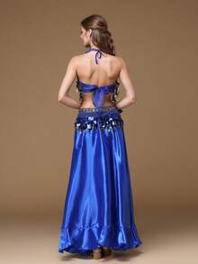 3Pcs Belly Dance Outfit For Women - Embroidered Sequins Skirt With High Split, Chiffon Sexy Crop Top & Shiny Hip Scarf Belt | Viral Arabic Dance Costume Set