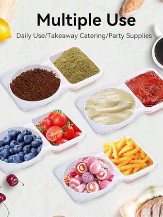 5pcs Portable Dual-Compartment Condiment Containers - Reusable Plastic Sauce And Dip Trays For Travel, Snacking And Meal Prep (Transparent), Dipping Cups