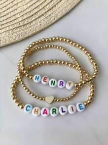 1pc Custom Gold Beaded Name Bracelet, Custom Name Tag, 4mm 14k Gold Plated Round Beads With Colorful Letter Beads Stretch Bracelet, Personalized Gifts For Men And Women, Women's Personalized Bracelet, Unique Gift For Friends/Girlfriends/Family/Mom, Suitable For Women, Mother's Day Gift, Valentine's Day Gift, Christmas, Birthday Gift, Wedding, Party And Daily Wear