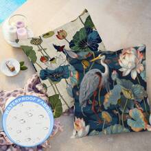 2pcs Outdoor Decoration Pillowcase, Bird And Lotus Waterproof Bench, Balcony Throw Pillowcase, Square, Personalized Wedding Birthday Gift, Beach Sofa, Garden Decoration, Single Side, No Pillow Core