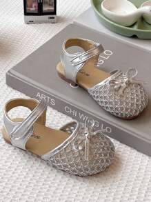 Girls Sandals New Summer Bowknot Kids Closed Toe Casual Princess Sandals, Soft Bottom Anti-Slip Breathable Woven Hollow