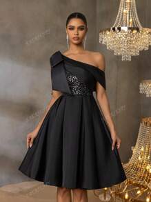 Faeriesty Luxury Sequined A-Line Asymmetrical Neck Bow Dress - Spring/Summer Formal Wear For Weddings, Private Parties & Galas, Party Dress, For Cocktail