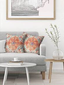1/2/4pcs Bohemian Vintage Carpet Pattern Pillow Covers In Orange And Blue Design For Decorative Farmhouse, Couch, Garden (No Insert)