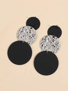 1 Pair Women's Fashion Contrast Color Round Textured Disc Earrings - Black Silver Black - View 3