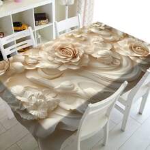 1pc Elegant White Rose Polyester Tablecloth - Modern Art Design, Suitable For Restaurant Decor, Wedding, Picnic, Camping And Birthday Party, Wedding Tablescape, Refined Tabletop Setting, Woven, Polyester Fabric, Rectangle, Wedding Table Decor | Elegant Tabletop Decor | Tablecloth - Black - View 4