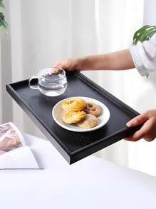 1pc Black Wooden Tray, Suitable For Food, Cakes, Salads, Fruits, Sushi, Drinks, Steaks, Pizzas, Cereals, Matte Textured Surface, Serving Platter For Cafes, Home, Desserts, Tea, Bread, Snacks And Cups