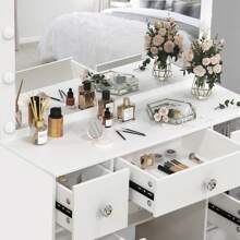 Teousev Dressing Table Large 7 Drawers Vanity Set Makeup Desk W/ LED Makeup Mirror White