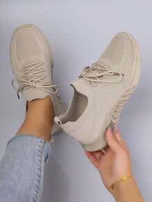 STEPREACH Fall/Winter Women's Casual Sports Mesh Sneakers, Breathable Comfortable Lightweight Lace-Up Solid Color Pink Bright Color Anti-Slip Wear-Resistant - Khaki - View 7