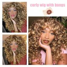 GKtineke-Curly-Wig Big-Curly-Wigs-For-Women 20 Inch- Long-Curly-Afro-Wig-With-Bangs Synthetic-Hair-Replacement-Wigs-For- Cosplay And Daily (Ombre Blonde) - 金髮影子 - 查看 4