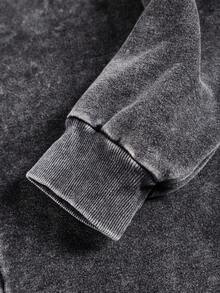 女士秋冬标语印花连帽衫，略带弹性，修身剪裁，做旧水洗效果，保暖内衬棉混纺黑色长袖拉链连帽衫，休闲日常外套