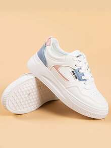 Moda de las mujeres de fondo grueso aumento de la altura de encaje hasta zapatillas de deporte casuales, zapatillas de tenis de las mujeres, transpirable y wearable punta redonda zapatos blancos de baja altura, versátil ultra-ligero de fondo blando zapatos deportivos casuales de mesa, adecuado para ir de compras, con vestidos y ropa casual todos los días - Azul - Ver 1