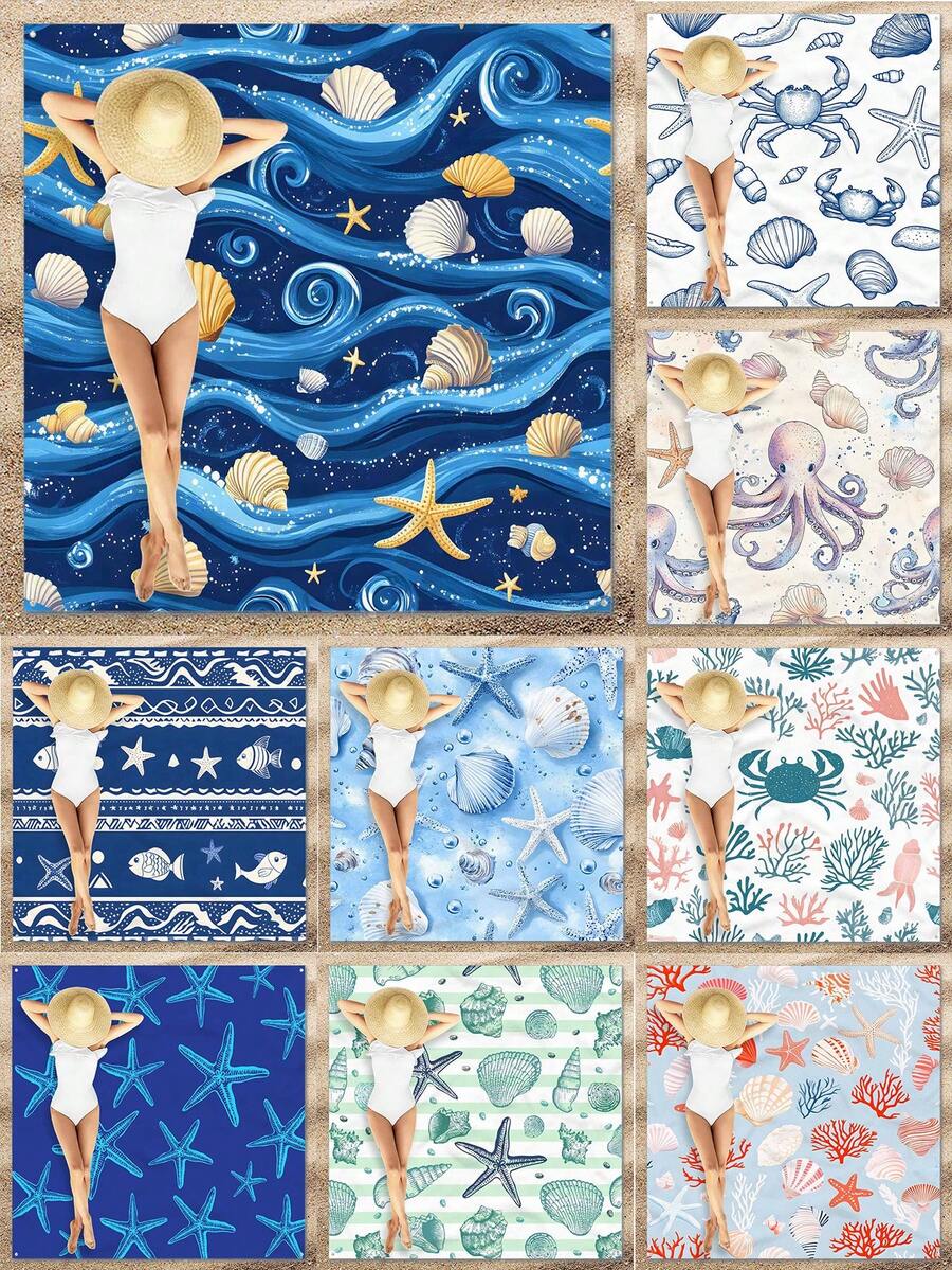 1 件海洋元素印花沙滩垫，防水防沙超大沙滩垫，轻便，适合成人旅行、露营和野餐 - 彩色 - 查看 1