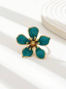 1 Pc Exquisite Elegant Blue Color Enameled Flower Ring, Women Floral Statement Rings Jewelry, Vacation Style Bohemia Boho Statement Ring Suitable For Daily Wear, Dating, Party