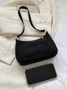 Bolso tipo baguette mini con remaches, bolso de hombro de unicolor, bolso de sobaco, bolso cuadrado apto para compras, billetera, compras, mujeres jóvenes, estudiantes universitarias, principiantes, oficinistas. Apropiado para oficina, universidad, trabajo, negocios, viajes al trabajo, actividades al aire libre, viajes y picnics - Negro - Ver 5
