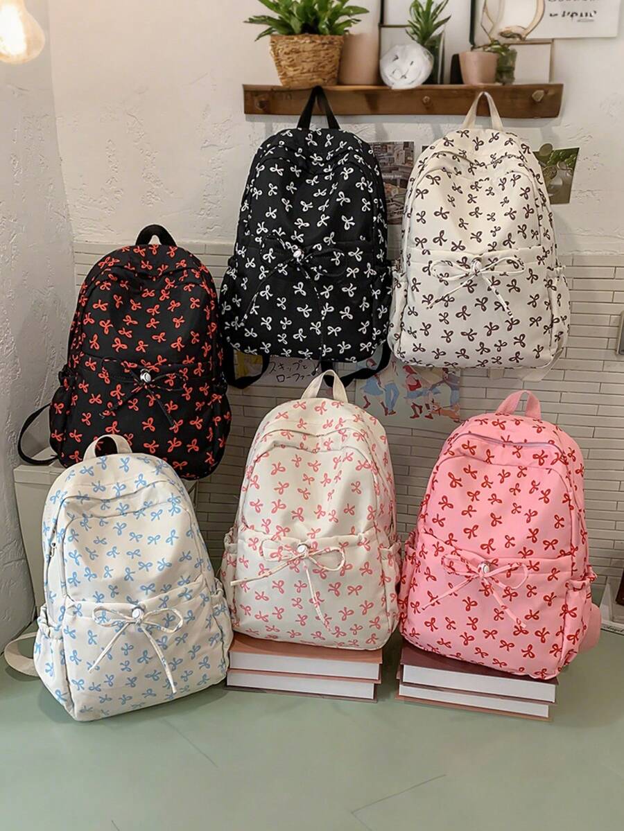 1pc Brand New Cute Cartoon Full Print Bow Pattern Backpack, Suitable For Back To School Season, Kawaii Double Zipper Lightweight Large Capacity Foldable Backpack Bag, Teenagers, School, Daily Outings, Shopping, Travel And Vacation, Random Position - Backpack - View 1