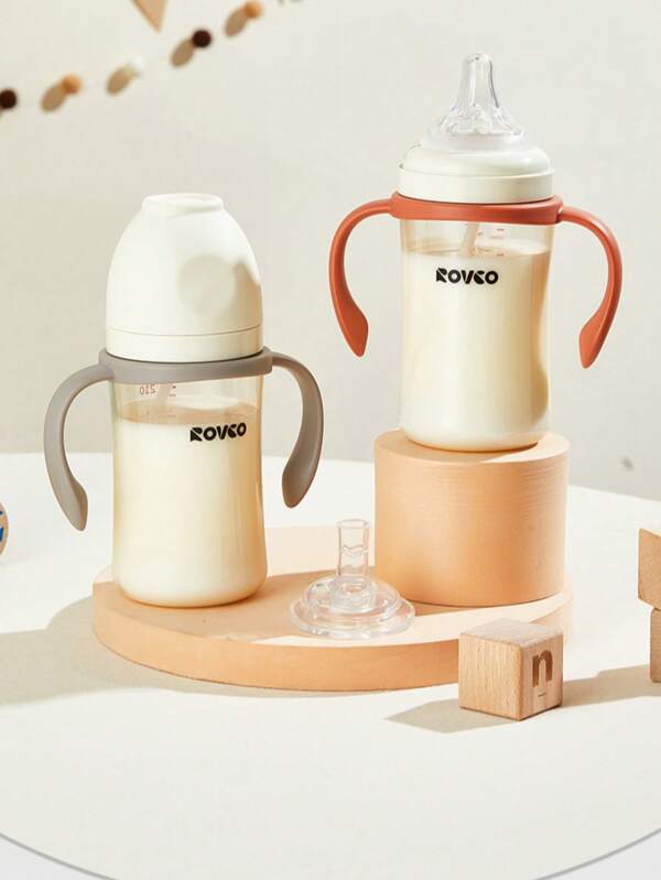 ROVCO 1 Set Infant Grey/Orange PPSU Self-Feeding Gravity Ball Feeding Bottle With 3 Nipples, Suitable For Baby Boys & Girls, Includes: 240ml Bottle, M Size Wide Nipple, L Size Wide Nipple, Bite-Resistant Straw, Gravity Ball Component